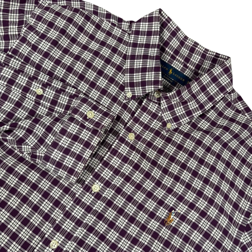 Ralph Lauren Mens Purple Plaid Classic Fit Embroidered Button Down Shirt Size XL
